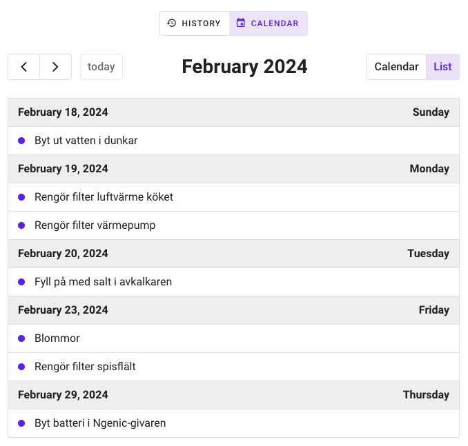 Example of calendar list view